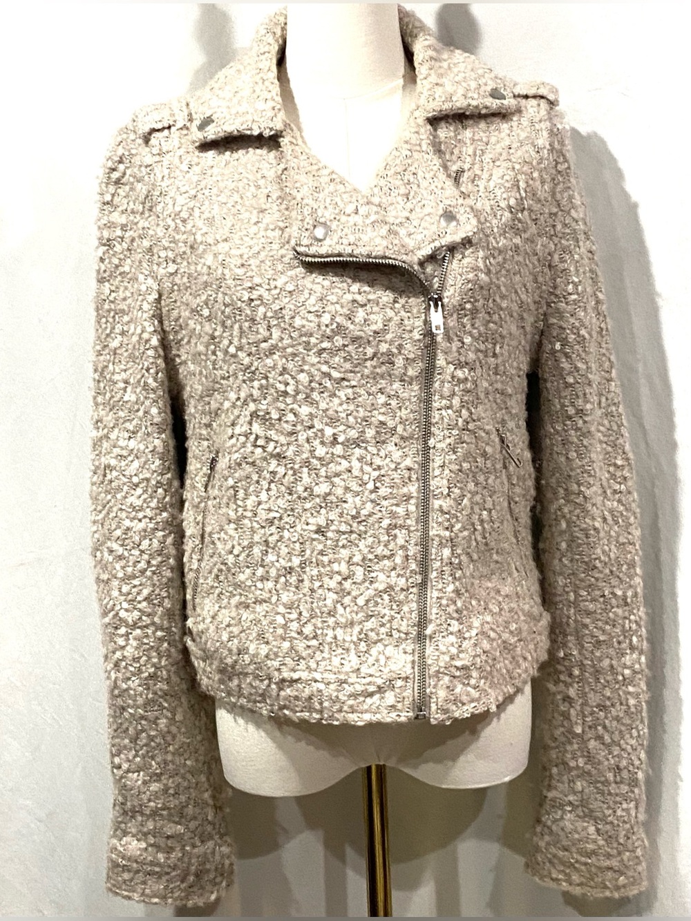 Elevenses Bouclé Teddy Moto Jacket - Cream Silver Zip & Snap  Accents Sz. M